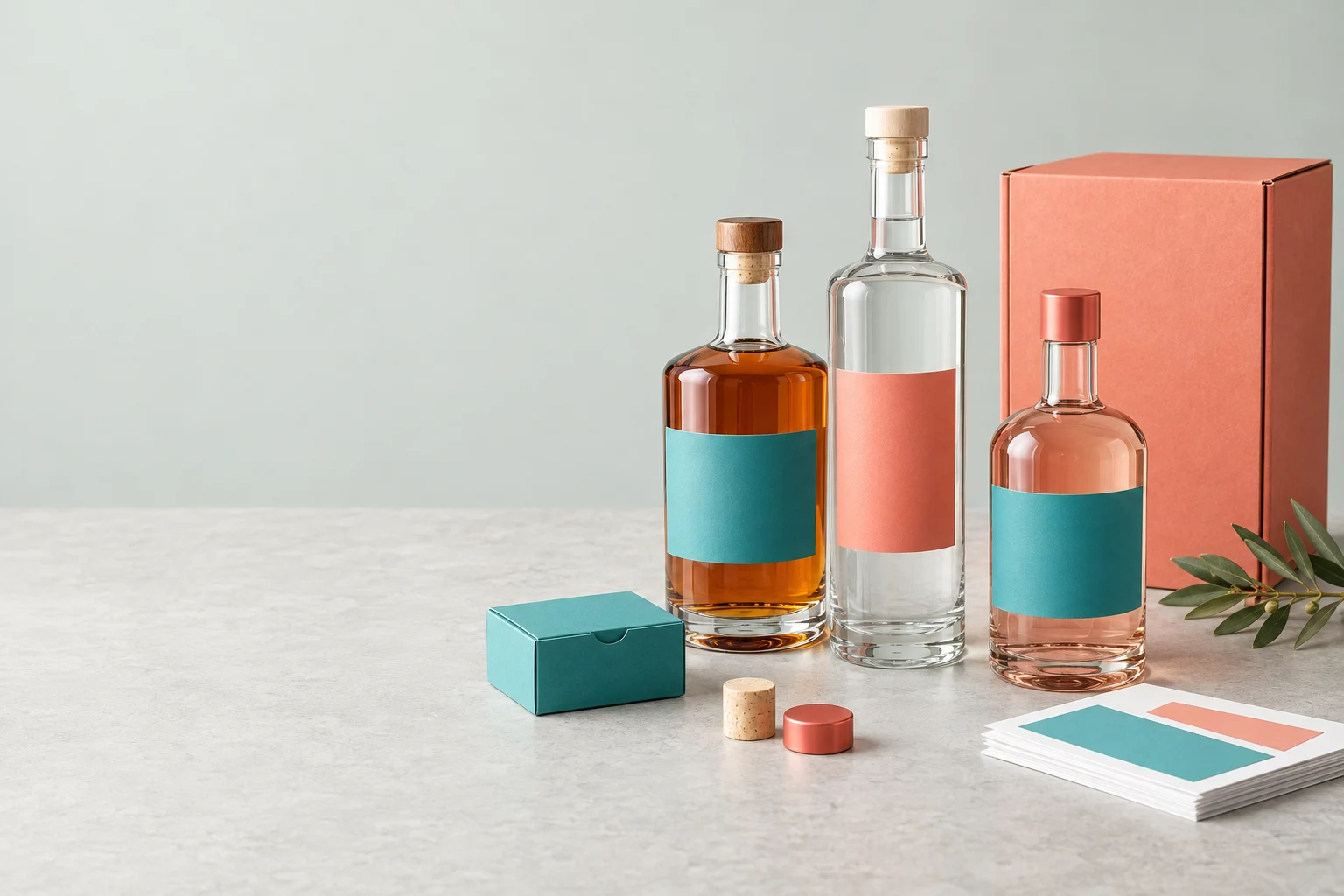 Premium spirits bottles with coral and teal labels, shipping cartons, corks, and packaging